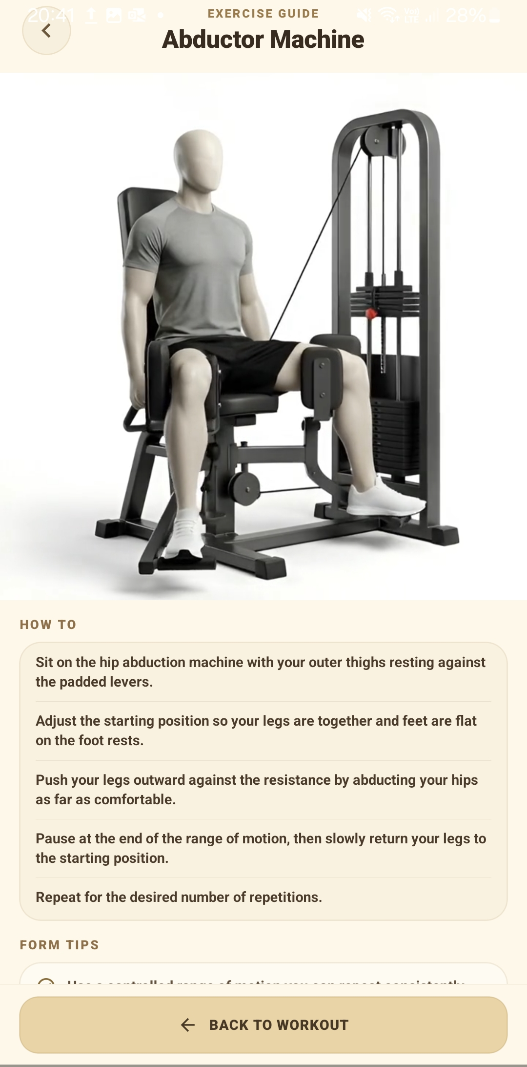 SteelSet exercise guide for Abductor Machine with movement visual, how-to instructions and form tips