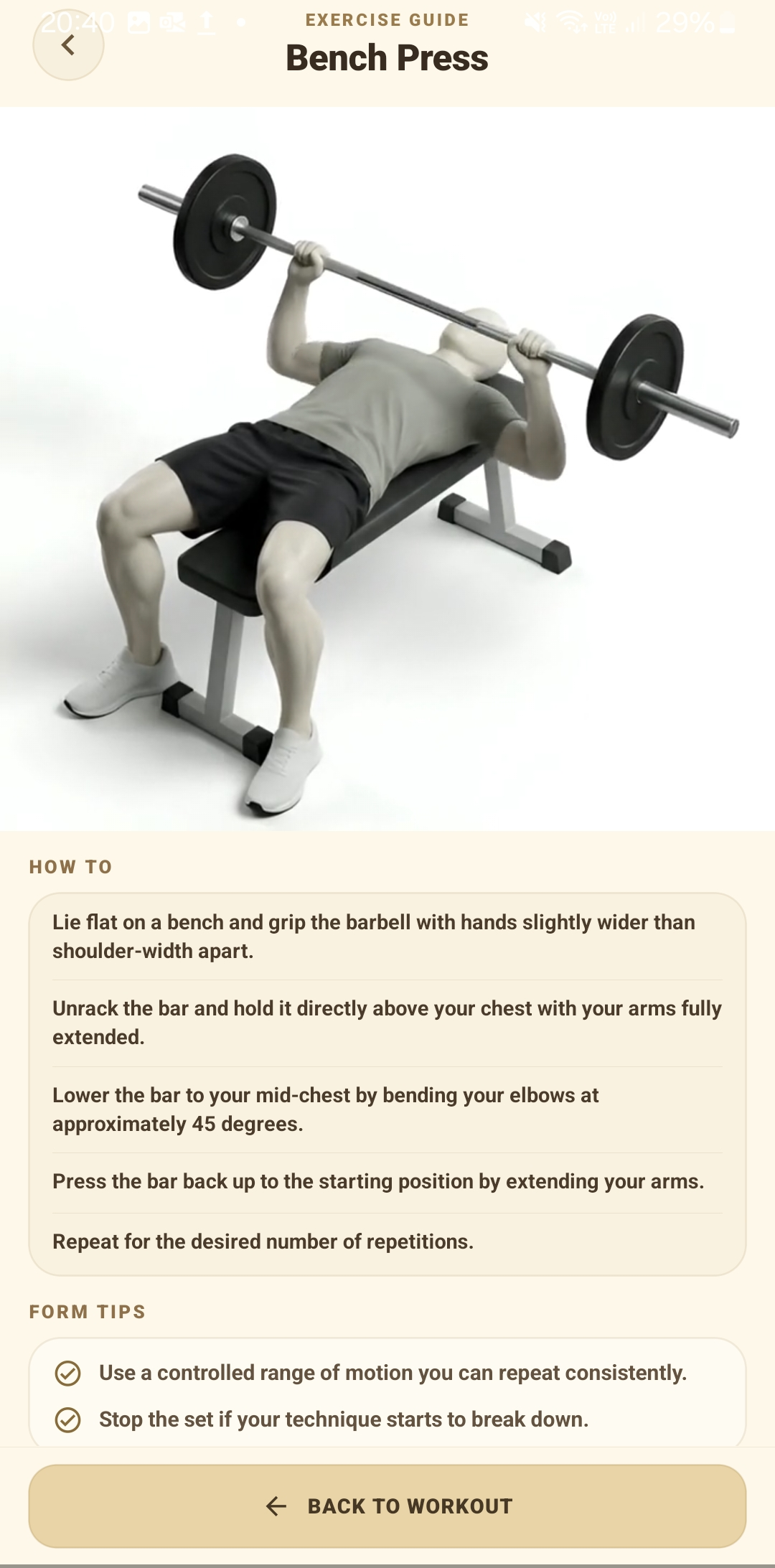 SteelSet exercise guide for Bench Press with movement visual, how-to instructions and form tips