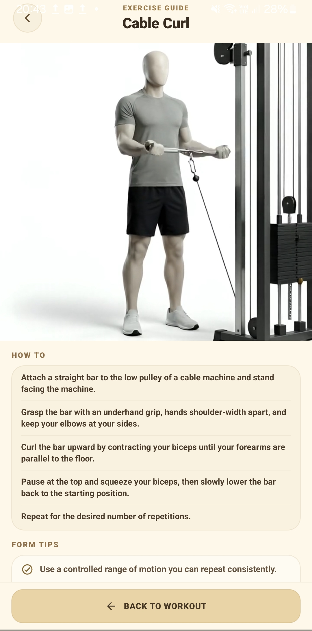 SteelSet exercise guide for Cable Curl with movement visual, how-to instructions and form tips