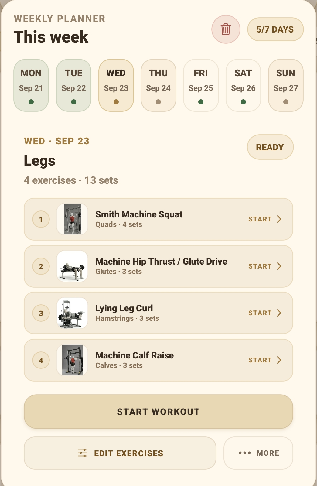 SteelSet Weekly Planner showing a Legs workout with exercise thumbnails